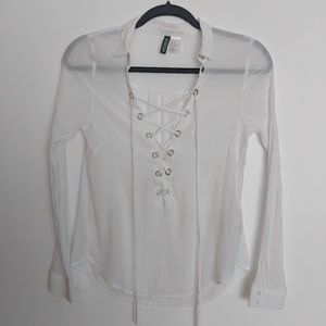 Sheer Lace Up Long Sleve Blouse